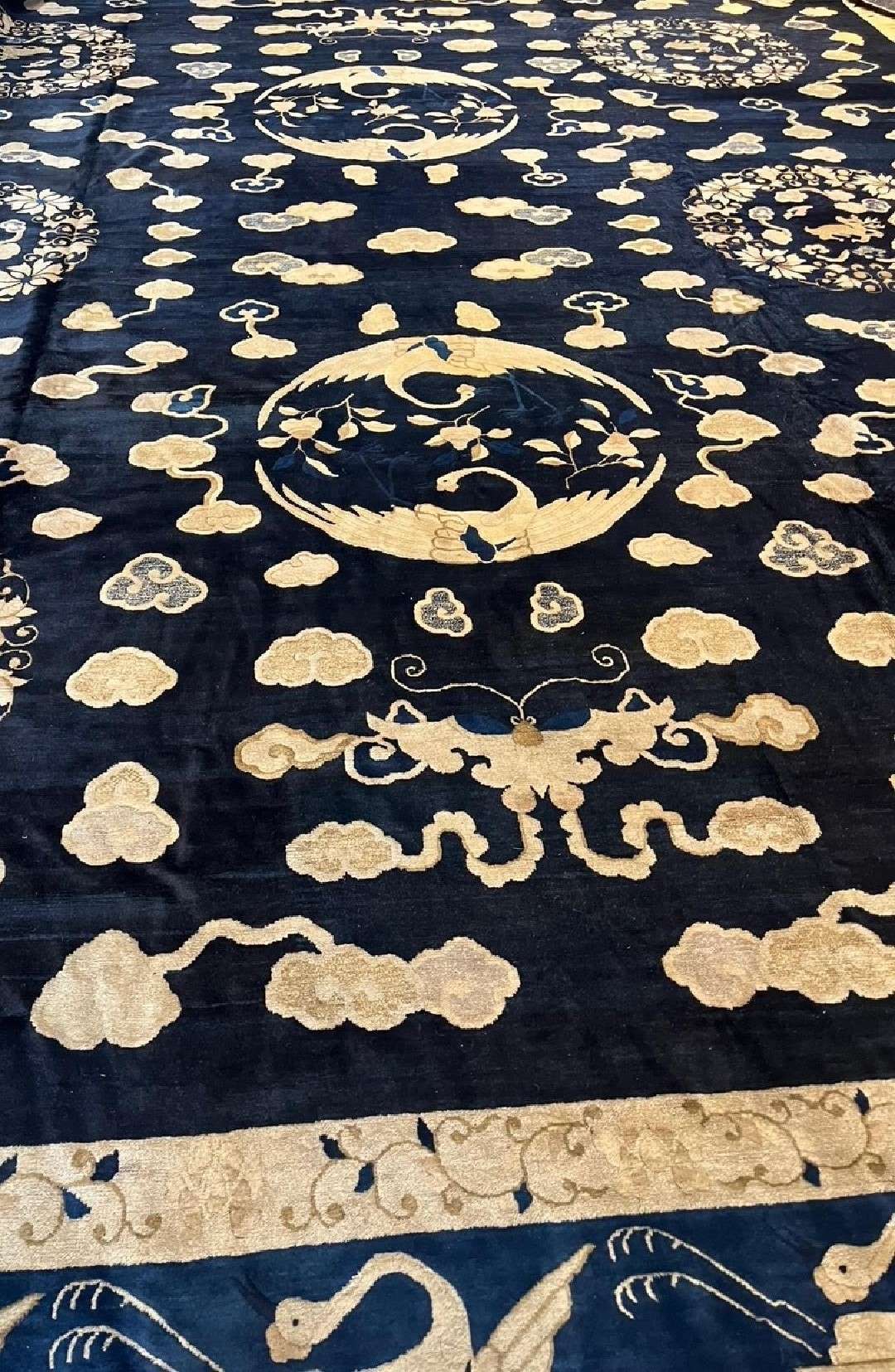 antique peking Chinese rug with swans and butterflies