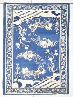 Antique peking Chinese Rug with mythical beasts in blue and ivory