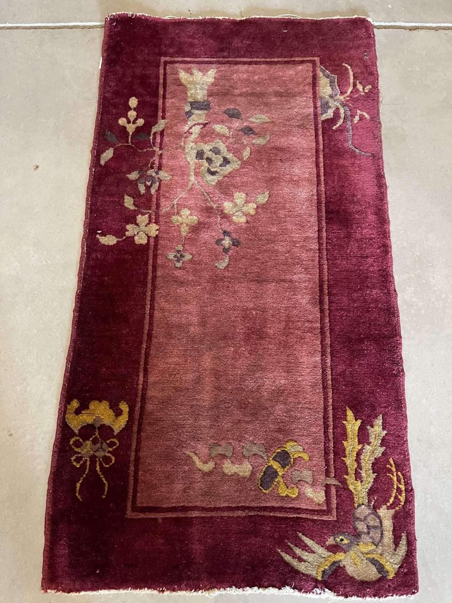 Vintage Art Deco Chinese Rug in Pink and Marroon 2x4 feet