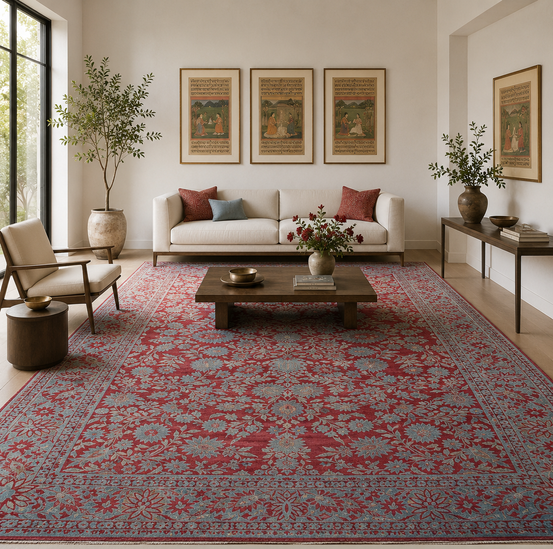 Antique red Persian rug with a blue floral palmette pattern styled in a modern living room