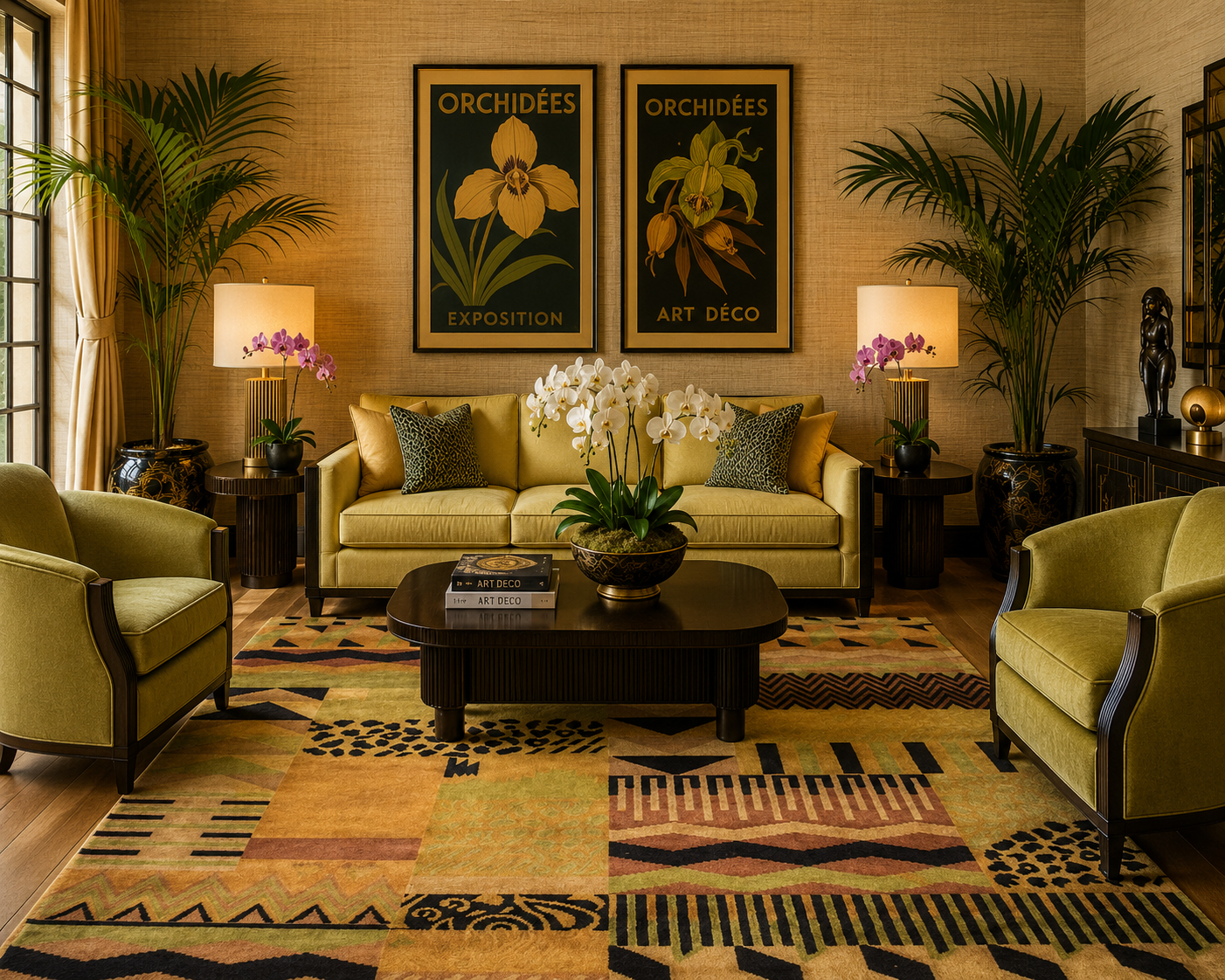 Image of an Animal and geometric print Art Deco rug in a room designed around the rug