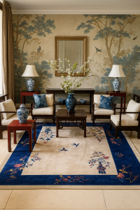 Art Deco Chinese rug in Asian inspired Living Room