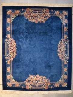 vintage blue Peking Chinese rug picture with flowers in planters