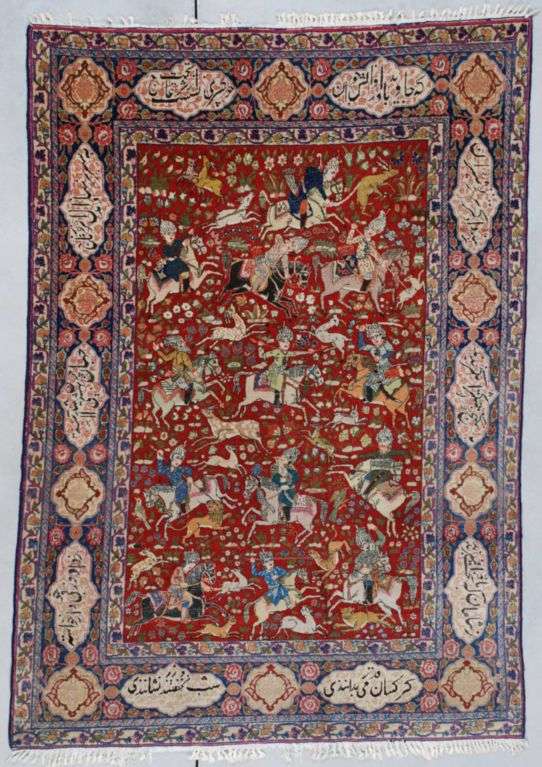 antique tabriz persian rug with horse riders